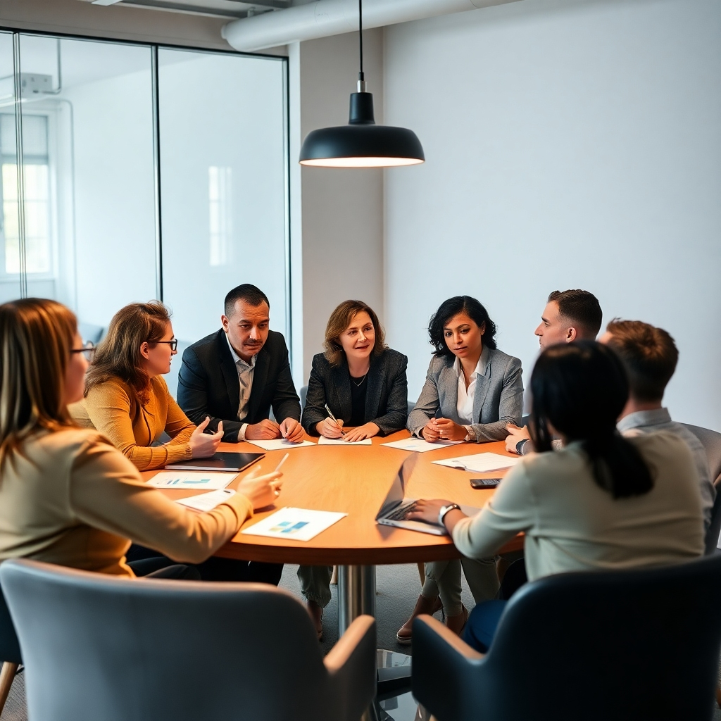 A photorealistic image, 4K resolution, of a team meeting around a table, discussing social media strategies. The image should portray a collaborative atmosphere of professional expertise. The lighting should be inviting and professional. The composition should highlight the importance of team dynamics in professional consulting.