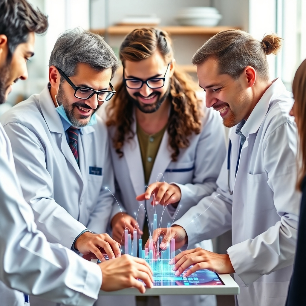 A photorealistic image, 4K resolution, showing a diverse group of researchers from different fields collaborating on a project, using a platform to connect data streams and insights from each respective field.  The composition should be lively, representing collaboration. The color palette should be bright and inspiring. The lighting should be balanced. The style should highlight the inclusiveness and interconnectedness of different research disciplines.