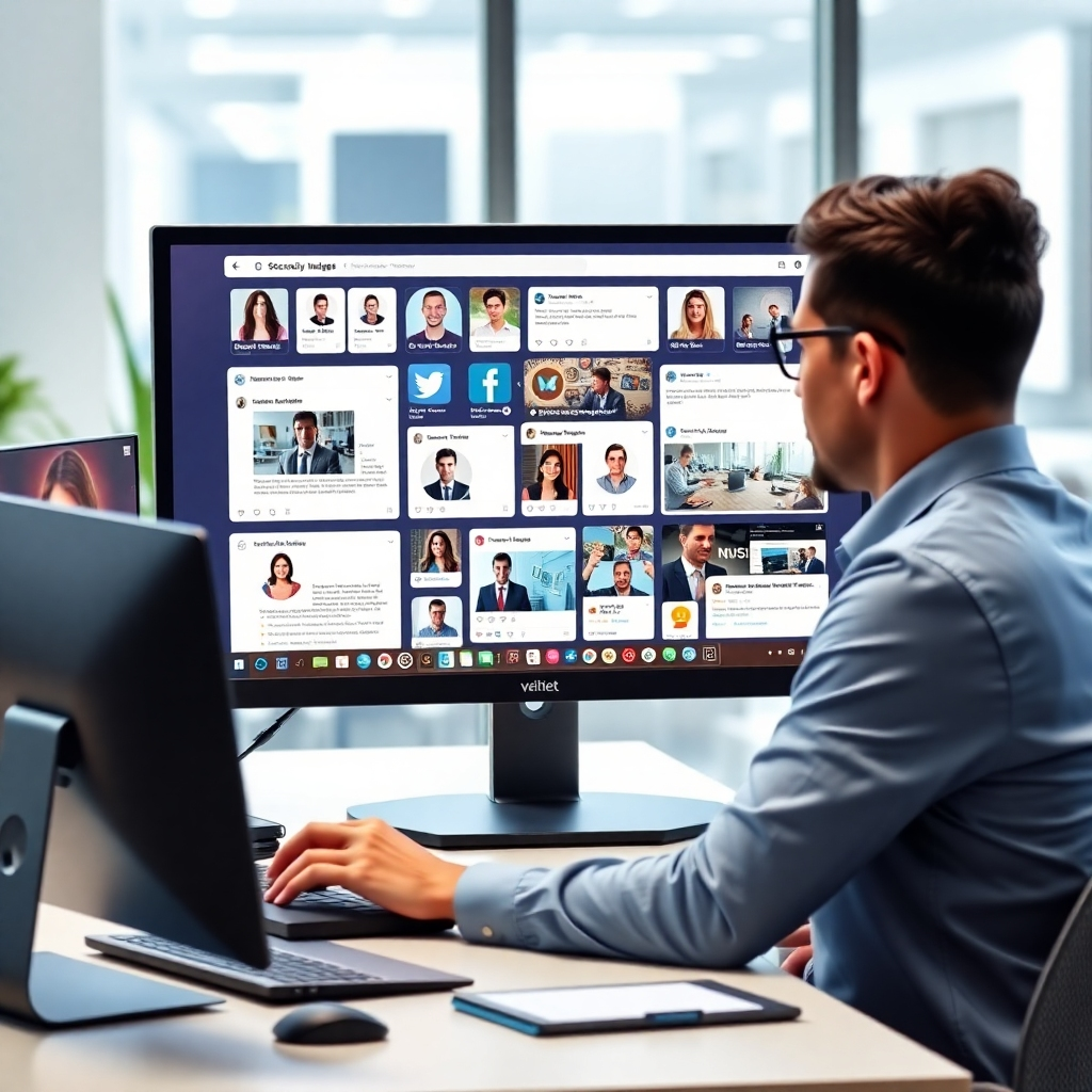 A photorealistic image, 4K resolution, depicting a professional managing various social media accounts on a computer screen, demonstrating strategic planning and engagement.  The image should use a professional office environment and professional-looking elements to convey expertise and efficiency.  The composition should show efficiency and a multi-platform approach. The color palette should be professional and sophisticated.