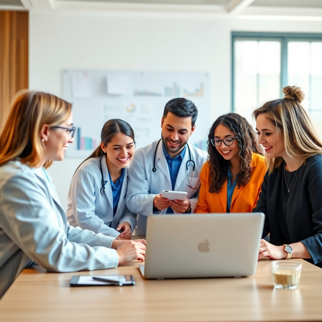 A photorealistic image, 4K resolution, depicting a multidisciplinary team using the platform effectively for data-driven collaboration. The lighting should be natural and balanced. The composition should focus on effective interaction and teamwork. The color palette should be warm and inviting.