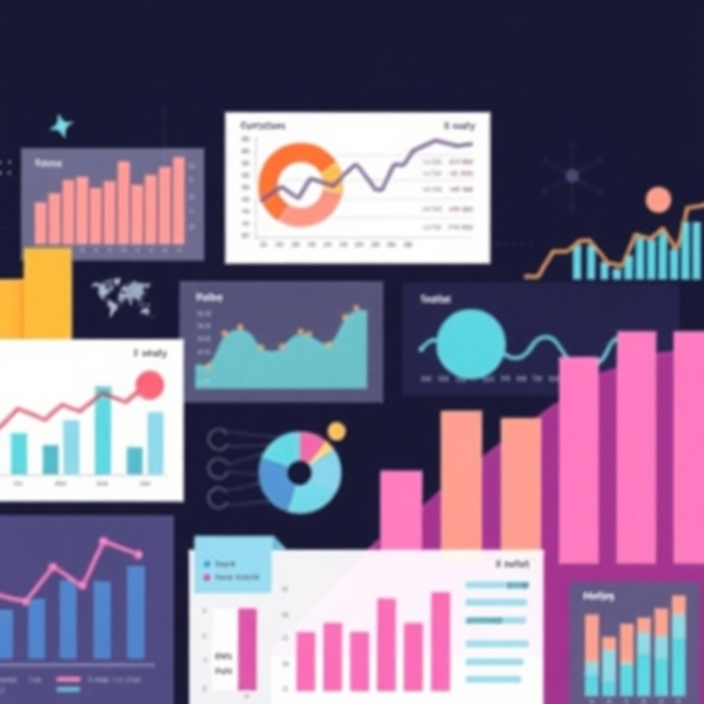A stylized image, 4K resolution, depicting a variety of data visualizations and charts, highlighting trends and insights. The image should reflect the potential of data analytics to support business decisions.  The color palette should be modern and insightful.  The composition should focus on visualizing meaningful data-driven results.
