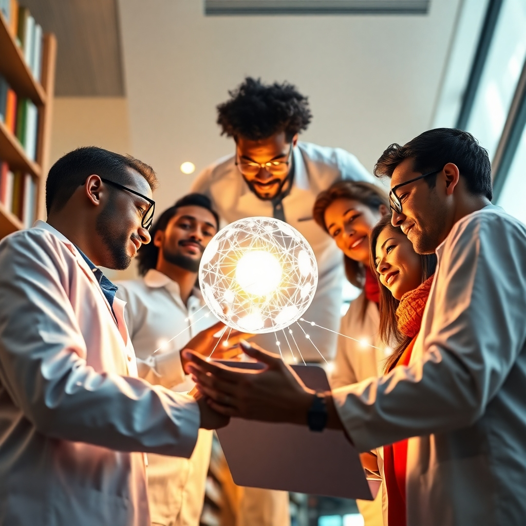 A stylized image, 4K resolution, depicting diverse people collaborating around a central glowing orb representing a data network.  The people should be diverse in age, ethnicity, and profession (researchers, academics, business people). The composition should be dynamic, showing interaction and collaboration.  The lighting should be bright and optimistic, with the central orb radiating light. The color palette should use a mix of warm and cool colors to reflect the diversity of participants and the dynamism of the collaboration. The camera angle should be slightly below, offering a perspective that emphasizes the connectedness of the group.  The texture should be a mix of realistic textures (clothing, skin) and stylized elements (glowing data lines). The environment should be modern and inviting, such as a well-lit co-working space or university library. Relevant props could include laptops, research papers, and other objects that suggest collaborative research. The style should be aspirational and dynamic, inspired by designs that communicate diversity, collaboration, and technological advancement.