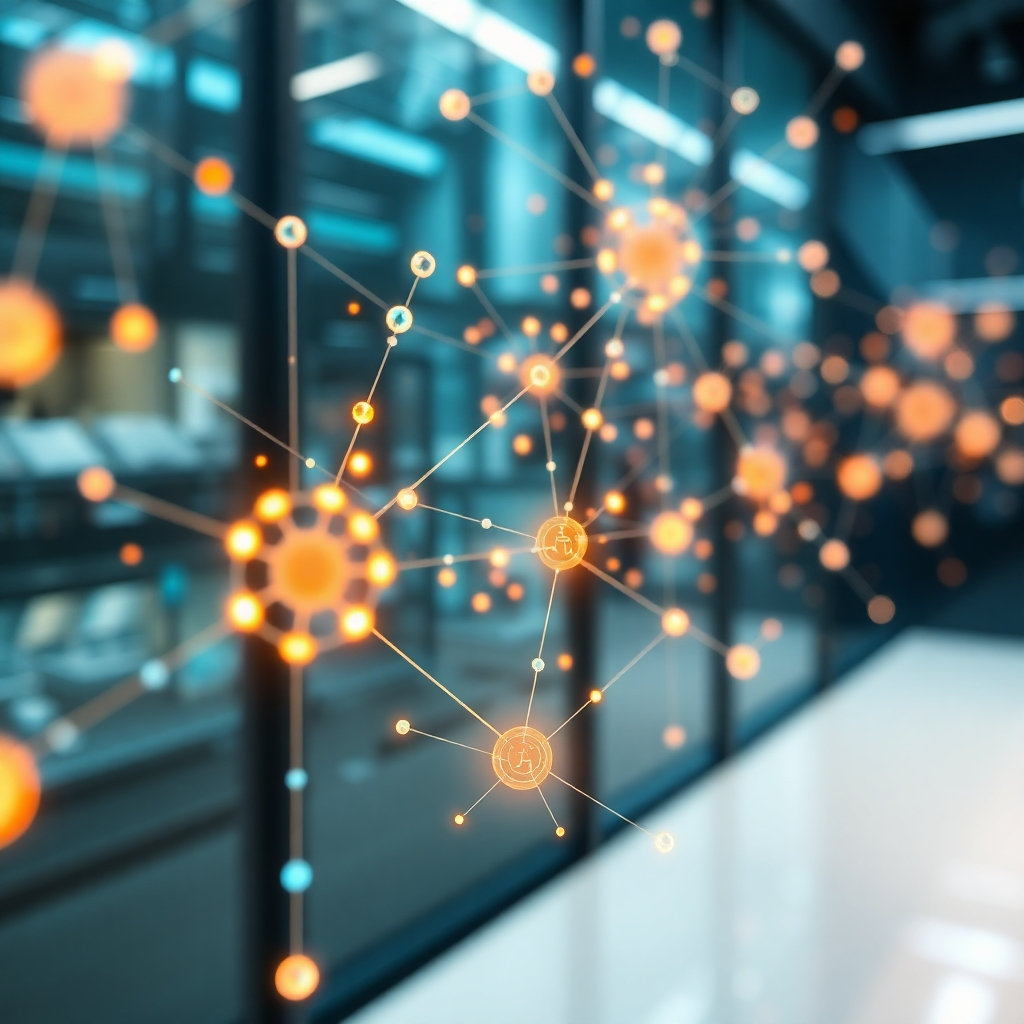 Create a photorealistic, ultra-high quality 8K resolution image depicting a vibrant and interconnected network of data points, academic research papers, and diverse industry sectors. The image should be hyperrealistic, with intricate details and textures.  The composition should emphasize the interconnectedness of data, showing nodes representing academic research linking to industrial applications, research data sets interconnecting to academic papers, and so on.  The lighting should be soft and diffused, creating a sense of clarity and precision. The color palette should be modern and sophisticated, using a mix of cool blues and greens to represent data and research, with warmer oranges and yellows to highlight applications and connections across various sectors.  The camera angle should be slightly elevated, giving a bird's-eye view of the network. Textures should include the realistic depiction of paper textures for research papers, metallic textures for technological elements, and subtly textured backgrounds suggesting various sectors.  The environment should feel futuristic yet approachable, representing a clean, professional setting, possibly within a sleek, modern office space or research lab. Relevant props could include glowing data lines, symbolic representations of different industries, and perhaps a holographic projection visualizing the network. Style references should lean towards the highly polished visuals of recent technological advancements, perhaps drawing some inspiration from sleek, modern tech company advertisements. The overall feeling should be clean, professional, visually appealing, and symbolic of the seamless connection between data, academia, and real-world applications.